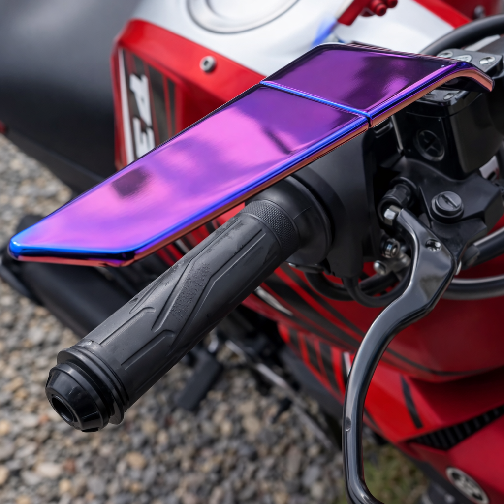 🏍️ Espejos alerón tornasol: Dale el look más brutal a tu moto (PAR INCLUIDO)