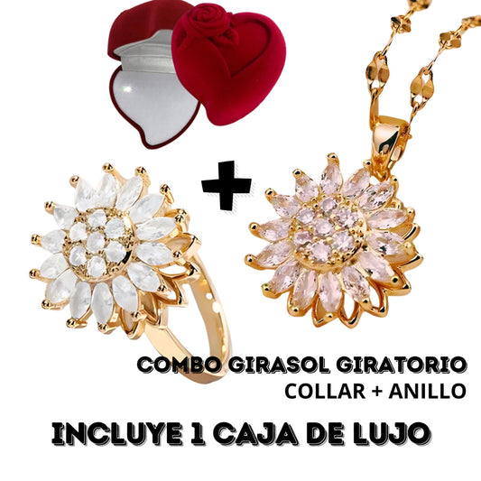 💖 Super Combo: Anillo y Collar de Girasol 🌻 Giratorio + Caja de Lujo ✨