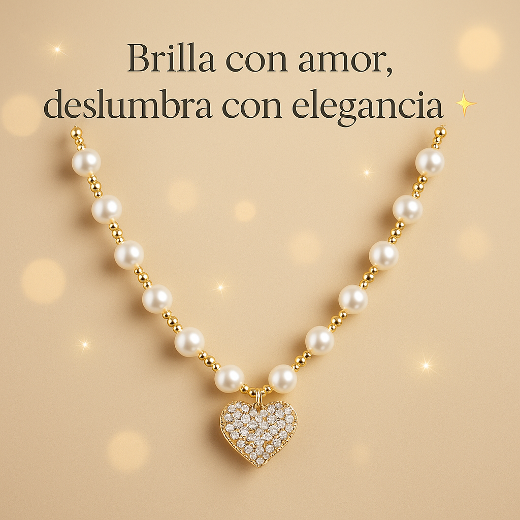 COLLAR DE PERLAS Y CORAZON CON DIAMANTES 💎 : Brilla con amor, deslumbra con elegancia ✨