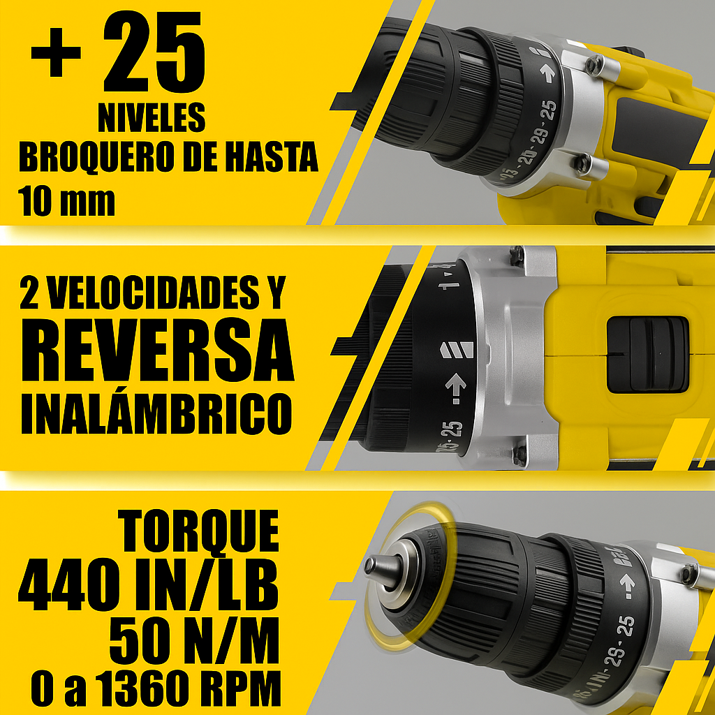 🔨 Taladro Inalámbrico Amarillo de 2 Velocidades