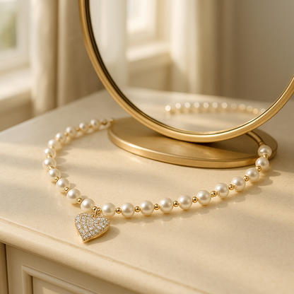 COLLAR DE PERLAS Y CORAZON CON DIAMANTES 💎 : Brilla con amor, deslumbra con elegancia ✨