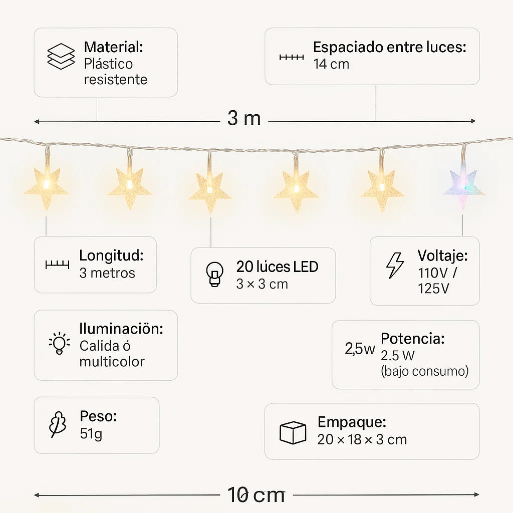 🌟 3 Metros de brillo y encanto: las luces LED estrella que transforman cualquier espacio ✨