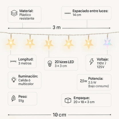 🌟 3 Metros de brillo y encanto: las luces LED estrella que transforman cualquier espacio ✨