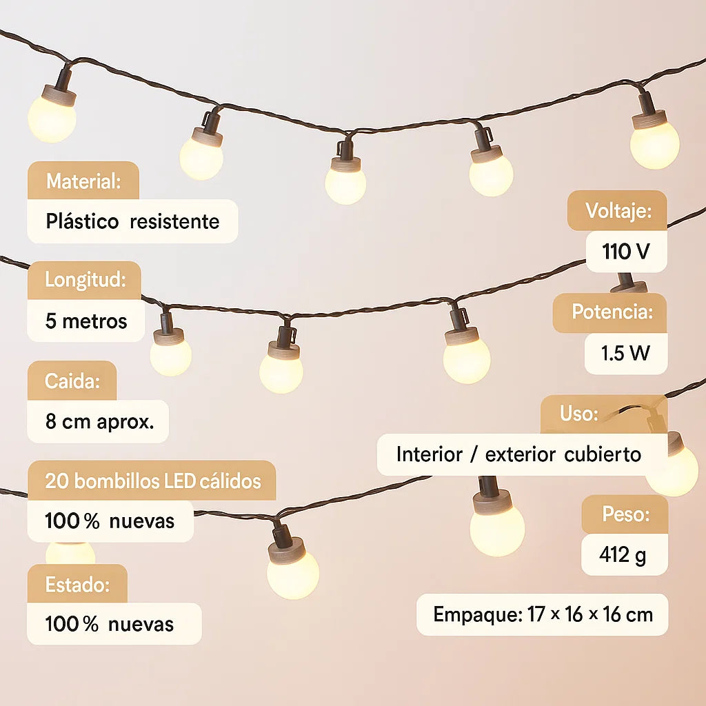 ✨ 5 Metros | 20 Bombillos - Extensión de Luces LED Cálidas