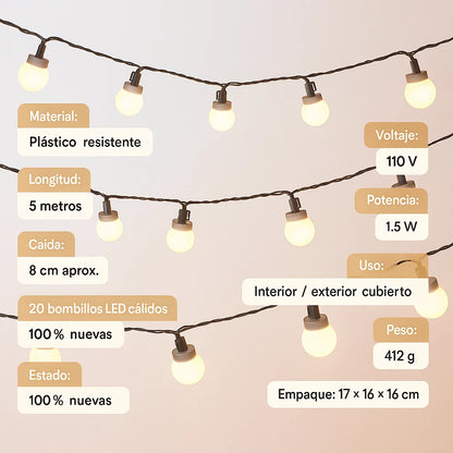 ✨ 5 Metros | 20 Bombillos - Extensión de Luces LED Cálidas