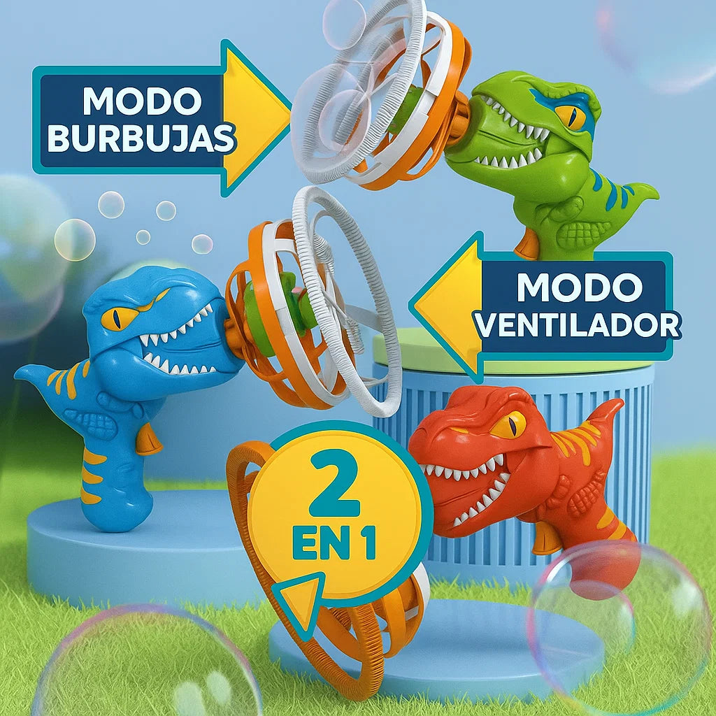 🦕 Máquina de Burbujas Dinosaurio 2 en 1 – Diversión Ilimitada Para Tus Hijos