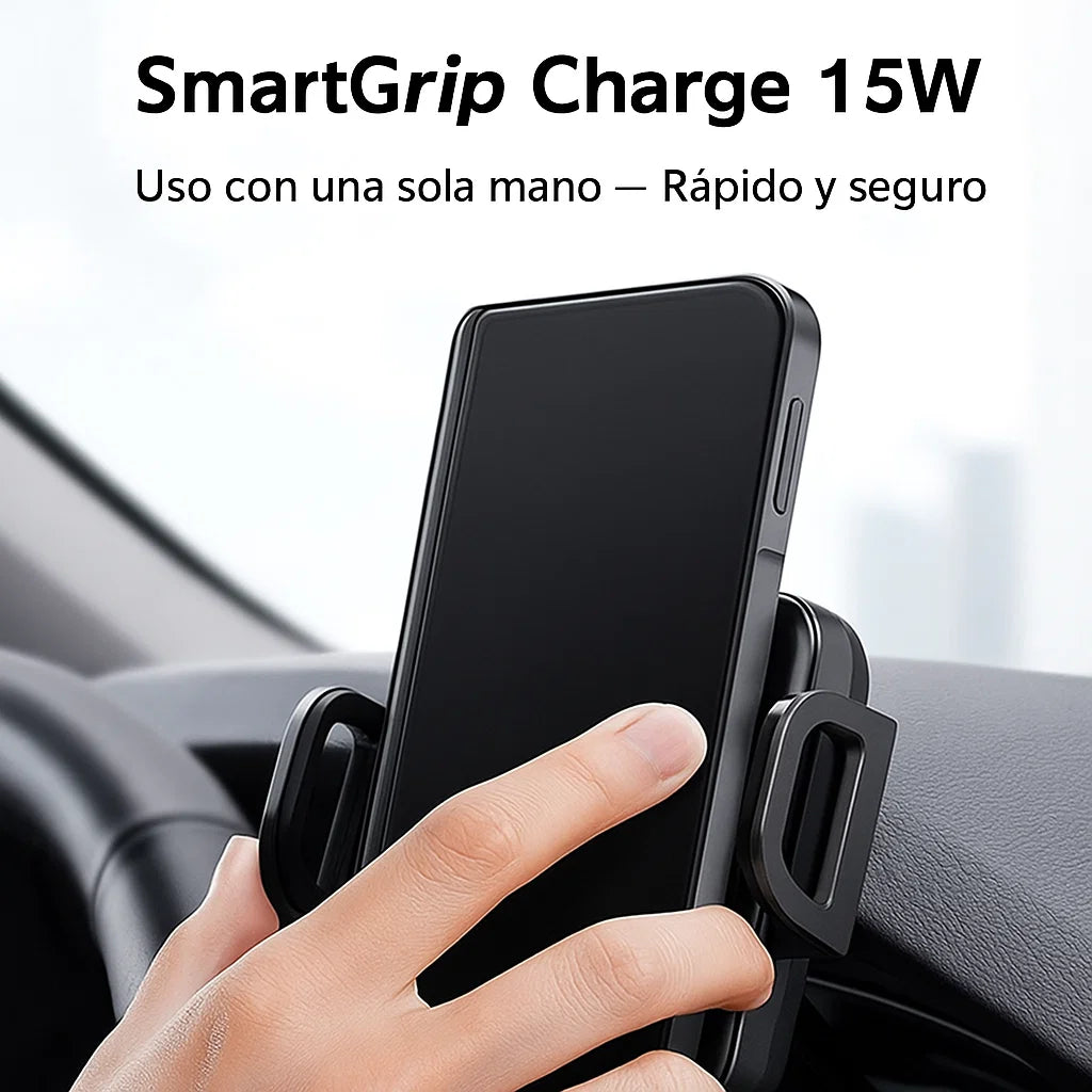 🚗⚡ SmartGrip Charge 15W – El soporte inteligente que carga y asegura tu dispositivo mientras conduces