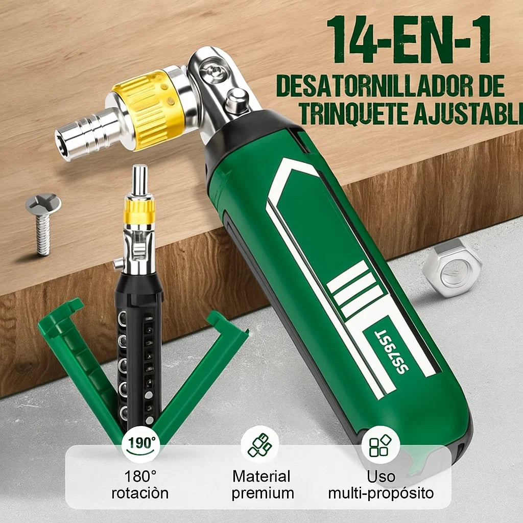 🔧 Destornillador de Trinquete Ajustable 14 en 1