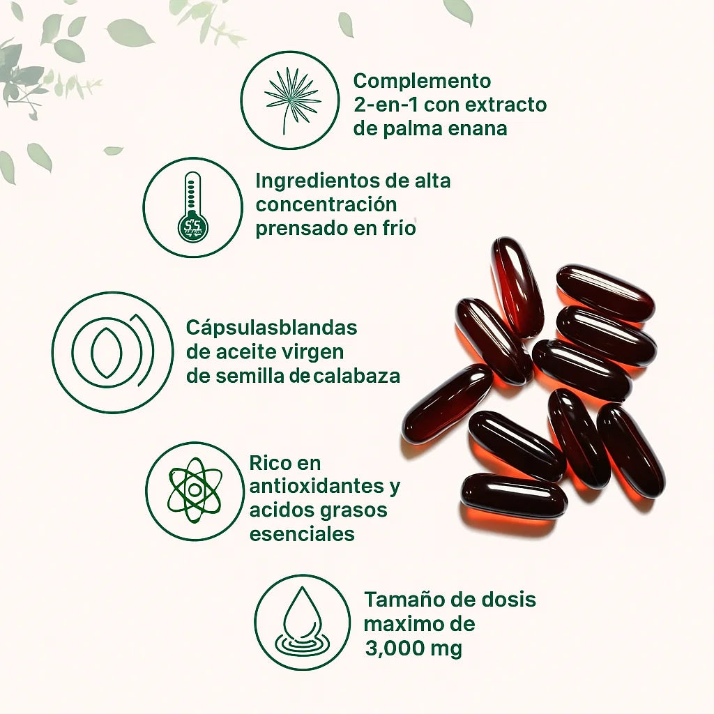 tratamiento para 6 meses 🌿 Aceite de Semilla de Calabaza + Palma Enana Americana — Fórmula Premium 2 en 1